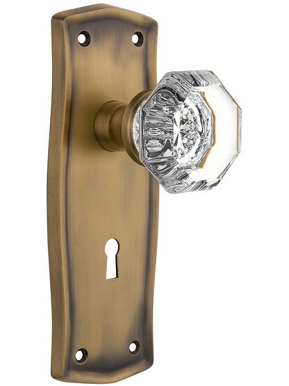 Prairie Design Mortise Lock Set With Waldorf Crystal Knobs in Antique Brass.